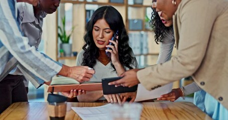 Multitasking, stress and business woman overwhelmed in office by team, deadline or phone call. Corporate, chaos and female manager with anxiety, tax or audit, panic or compliance, fail and disaster