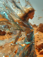 Woman in Glass Fragment Dress on Mars-Like Terrain