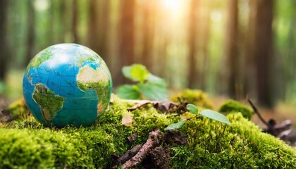 earth day green globe in forest with moss and defocused abstract sunlight environment concept - obrazy, fototapety, plakaty