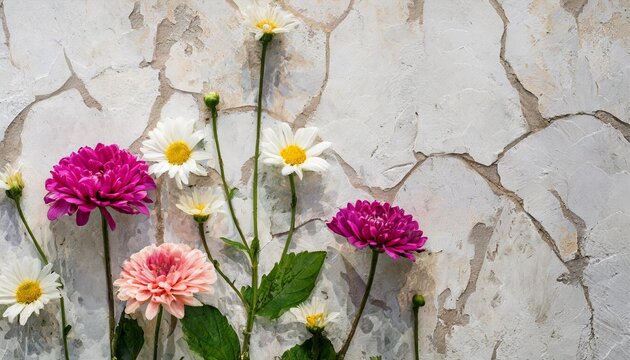 flowers on the old white wall background digital wall tiles or wallpaper design cement texture background