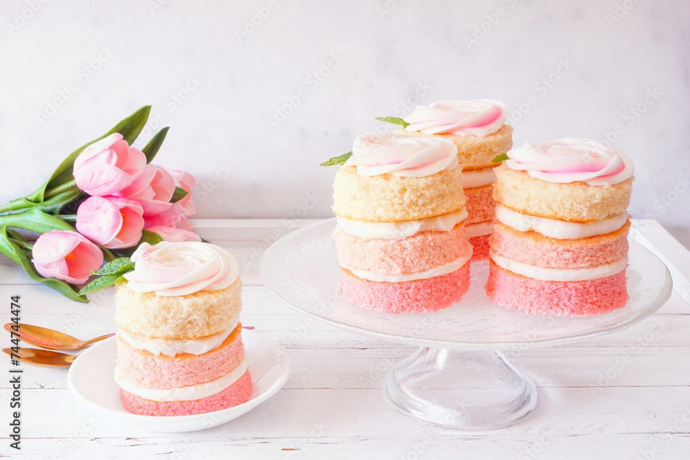 Poster spring mini cakes with buttercream rose. table scene with a white wood background. pink layers with 