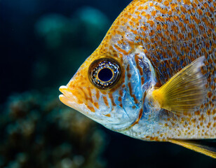 A microscopic closeup of an orbicular batfish fish (platax versicolor)