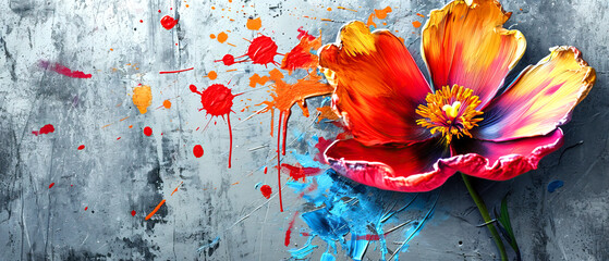 A vibrant red flower depicted on a concrete wall