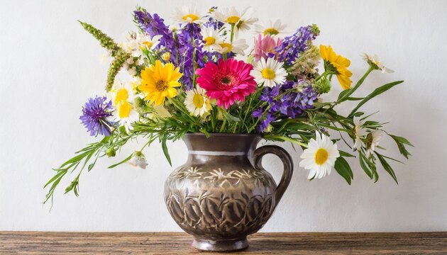 elegant ceramic vase with wildflowers bouquet isolated on white background