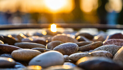 Closeup of pebbles in a fire pit at an outdoor cafe during the sunset