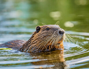 Fototapeta premium Eurasian beaver peeking out of the water in summer
