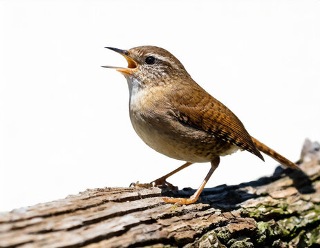 Eurasian wren, troglodytes troglodyte, singing on wood with space for text. Little brown bird with open beak isloated on white background. Small wild animal calling on tree cut out on blank