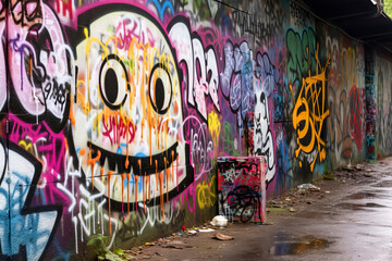 Smiley face graffiti on street wall showcasing art paint