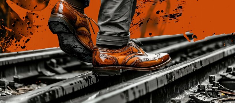 Feet in the shoes of a businessman on the railroad tracks. Businessman walks on the railroad (sleepers and rails). Monochrome image with orange flecks of color