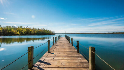 Obraz premium Perfect water view pier. Waterfront lake with small pier.