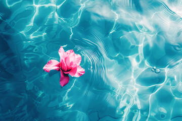 Pink flower floating in blue water. Concept of spa, resort, wellness and summer. Copy space