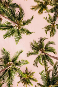 High angle view of tropical palm trees over pink sky. Summer and vacation concept.