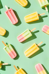 Fruit popsicle isolated on light green background. Flat lay.