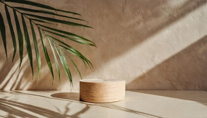 minimal product placement background with palm shadow on beige plaster wall luxury summer architecture interior aesthetic boho home room for product platform stage mockup - obrazy, fototapety, plakaty