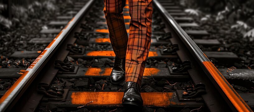 Feet in the shoes of a businessman on the railroad tracks. Businessman walks on the railroad (sleepers and rails). Monochrome image with orange flecks of color