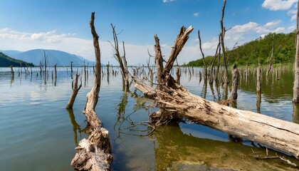 Fototapeta na wymiar dried tree trunks flooded with water destruction of nature