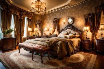 A Victorian-style bedroom with ornate furniture, rich fabrics, and intricate details. Soft, warm...