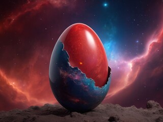 Broken egg in space. 3D illustration. Space background.