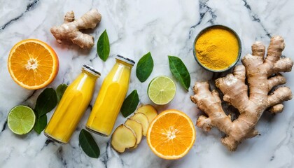 immune boosting vitamin health defending drink flat lay of fresh turmeric ginger citrus juice shot in glass bottles over marble background top view vegan immunity system booster