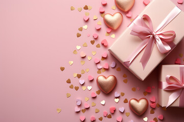 Layout for the holiday of Valentine's Day, gift, confetti and hearts, on a pink background with copy space