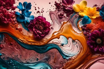 An aesthetically pleasing HD image portraying the graceful interplay of colorful liquids against a contemporary background, accented with subtle and tasteful flower patterns