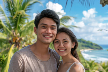 Fototapeta premium Happy of couple in vacation time showing lovely moment, young couple enjoying moment of holiday.