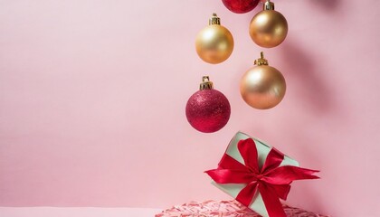 Fototapeta na wymiar christmas decoration flying on a pink background new year aesthetic holiday concept