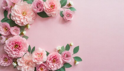 pastel pink paper flowers frame on pink background copy space for text