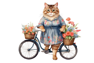 Fototapeta na wymiar Cat girl with summer bicycle. Watercolor style.