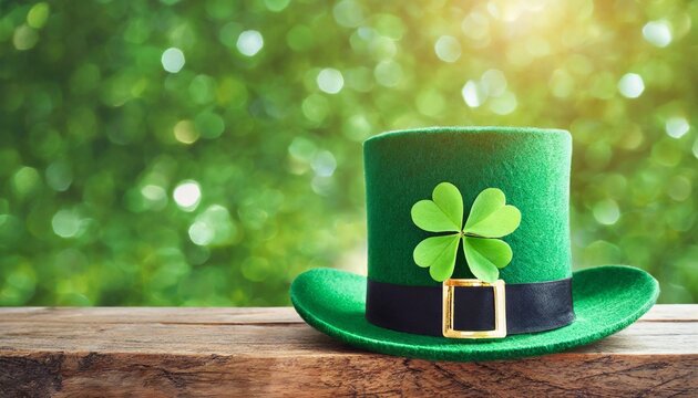 green shamrock lucky top hat as st patrick s day symbol and luck icon of irish tradition with magical four leaf clover leprechaun cap celebration concept background card banner with copy space