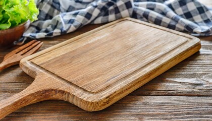 wooden cutting board stand with tablecloth on kitchen table background - obrazy, fototapety, plakaty