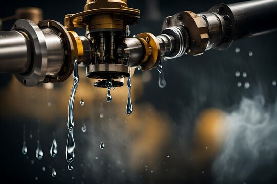 A close-up shot of a valve releasing pressurized oil with droplets suspended in mid-air, highlighting the industrial beauty of the extraction process.