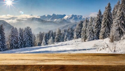 wooden desk of free space and winter landscape