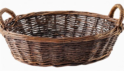dark brown round wicker basket with high handle isolated