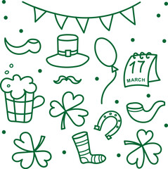 Saint Patrick day icons doodle sketch set hand drawn vector illustration with leprechaun hat, clover, beer mug, boot, festive design for St. Patrick's  Irish festival for flyer, card, poster, paper