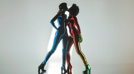 Colorful Latex-Clad Couple Sharing a Kiss