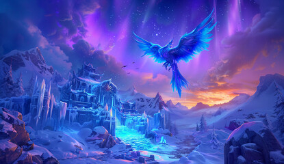 An ice palace bathed in the northern lights with a phoenix reborn from its ashes on the surrounding frozen tundra