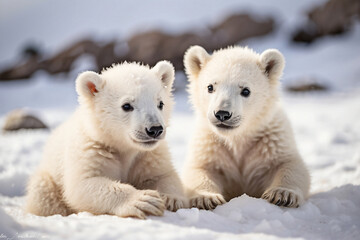 a pair of white bear cubs in the snow