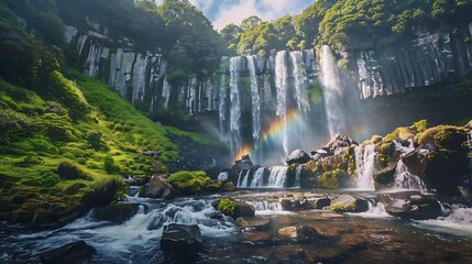 A cascading waterfall tumbling down a series of rocky cliffs, its misty spray catching the sunlight in a dazzling display of color. Rainbows dance in the air, ephemeral ribbons of light that seem 