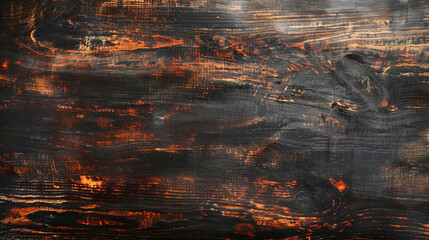 Blackened wood texture with smoldering areas perfect for showcasing spicy and grilled food products with ample copy space - obrazy, fototapety, plakaty