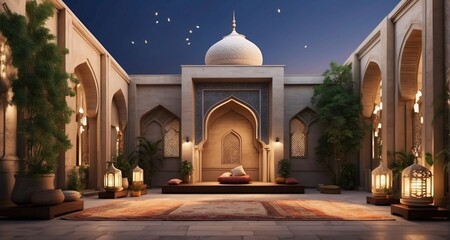 Fototapeta na wymiar Showcase the beauty of a mosque courtyard with ultra-realistic precision, capturing the arrangement of Ramadan lanterns, lush greenery, and prayer mats, creating a serene and inviting-Ai Generative
