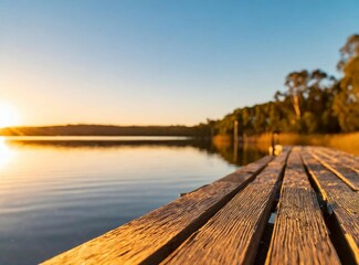 Fototapeta premium Wooden deck on the lake. Travel background with space for text design.