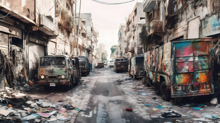 Fototapeta na wymiar an empty street with a rubbled area and trucks on the street