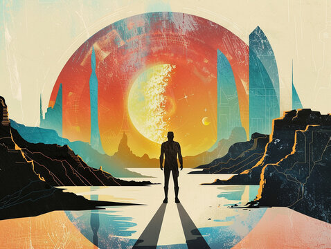 Futuristic silhouette of Geryon minimal and sharp against a backdrop of nostalgic retro futurist landscapes