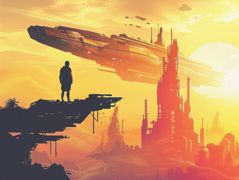 Futuristic silhouette of Geryon minimal and sharp against a backdrop of nostalgic retro futurist landscapes