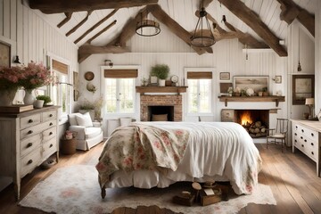 A farmhouse-style bedroom with distressed wood furniture, floral prints, and a cozy fireplace. The space feels both charming and welcoming