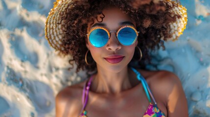 A vibrant and joyful beachgoer, dressed in colorful attire with sunglasses and a beach hat