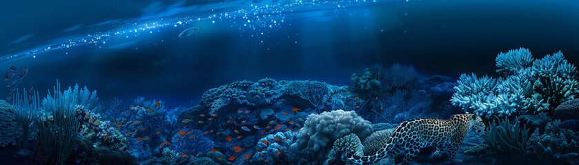 Minimalistic coral reef under the shimmering aurora a leopard silently prowls blending nature with serene beauty