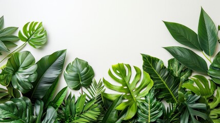 A vibrant arrangement of tropical leaves on a white backdrop creates a minimalist and exotic summer theme