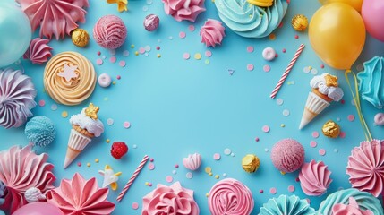 A vibrant frame showcasing party items against a blue background
